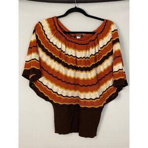 GABRIEL NEW YORK Womens Striped Poncho Sweater‎ Knit Orange Brown Cream Medium